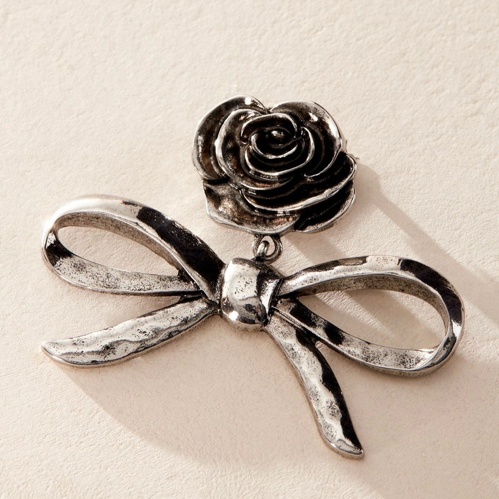 Free People Silver Tone Rose Bow Brooch